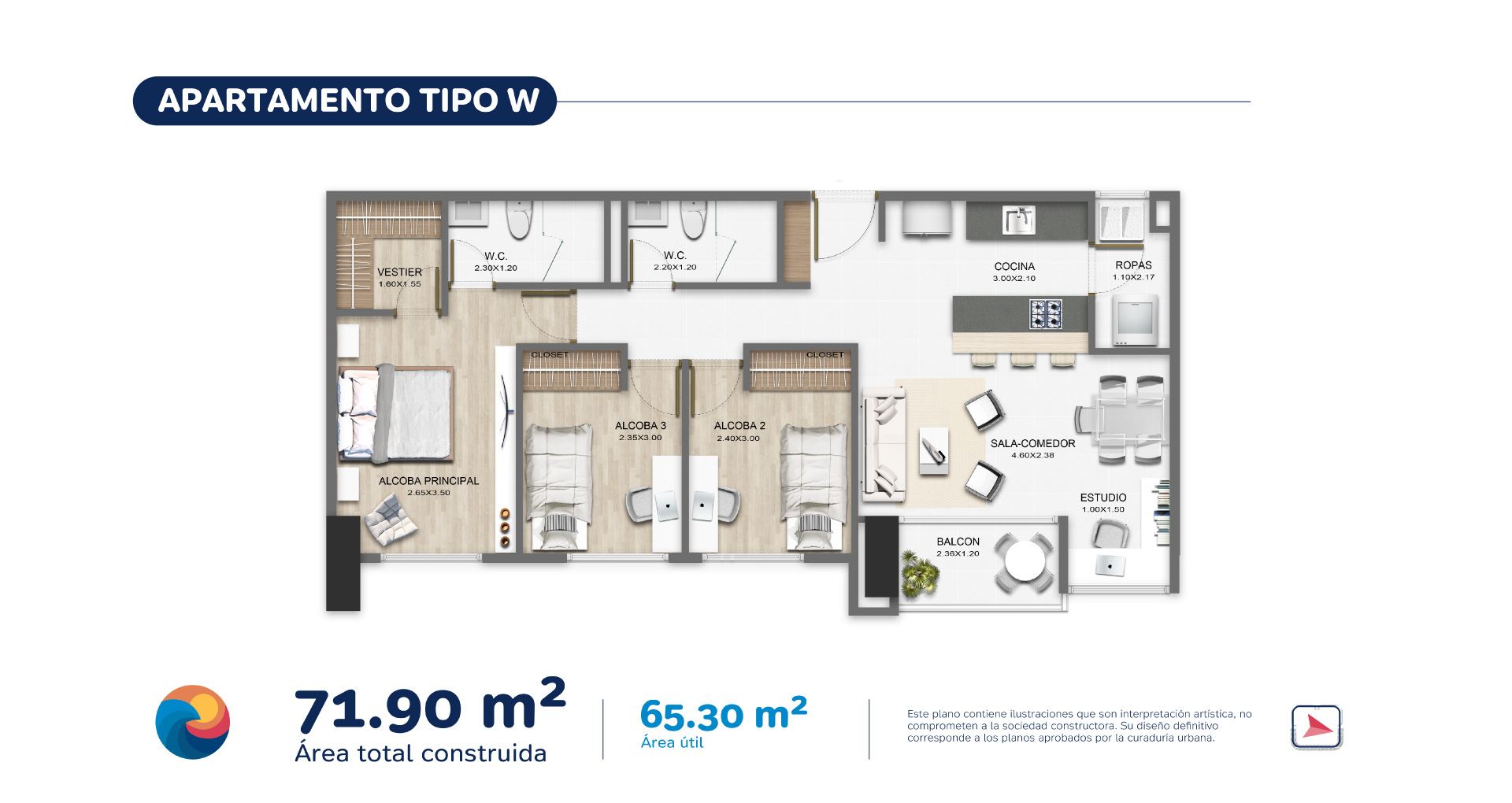 Plano apartamento 71m2 Atlántica.