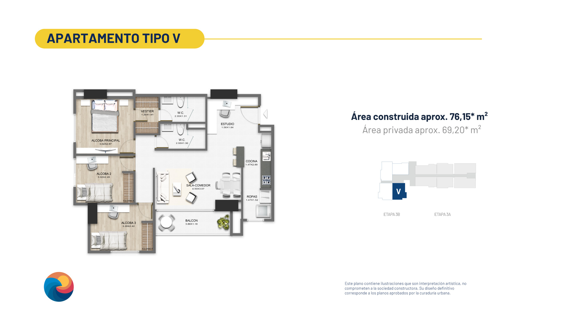 Plano apartamento 76m2 Atlántica.