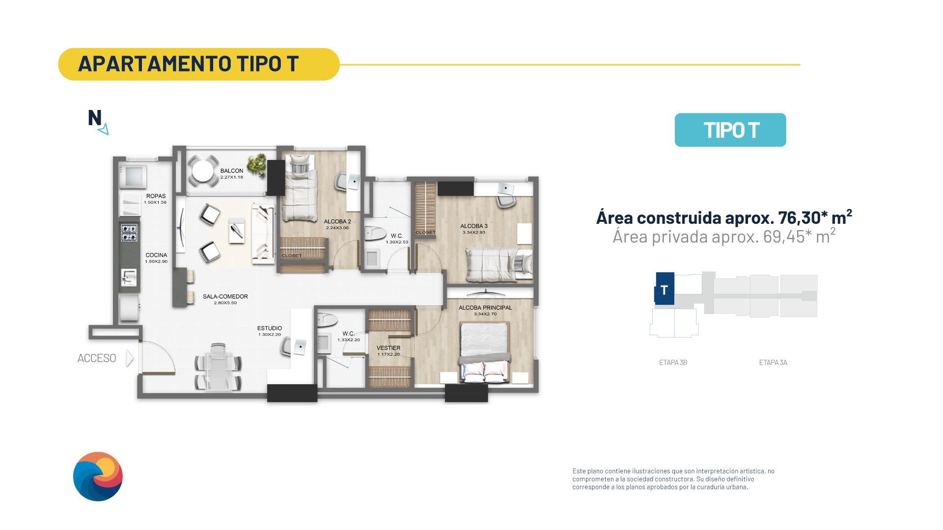 Plano apartamento 76m2 tipo T Atlántica.