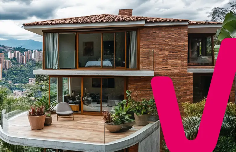 Casa moderna con diseño contemporáneo y vistas panorámicas de la ciudad, fachada de ladrillo con terraza ajardinada
