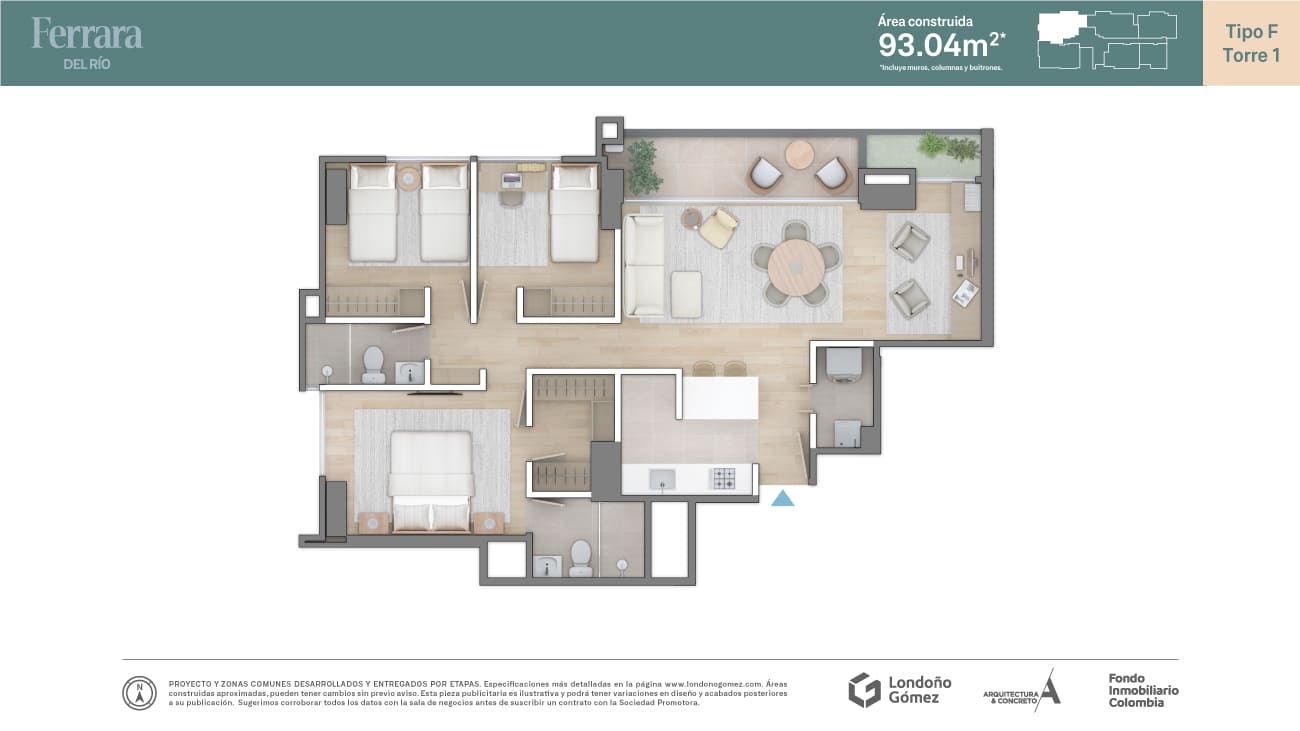 Plano apartamento 93m2 Ferrara del Río apartamentos en Medellín.