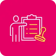 Icono de persona presentando un formulario con sello, representando validación o autenticación de documentos