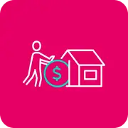 Icono de una persona con una casa y dinero, representando compra de propiedades