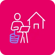 Persona trabajando en una computadora con íconos de dinero y casa, representando gestión de inversiones en bienes raíces