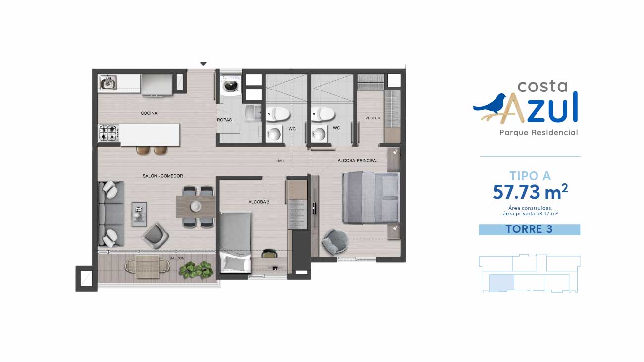 Plano 57m2 proyecto Costa Azul.