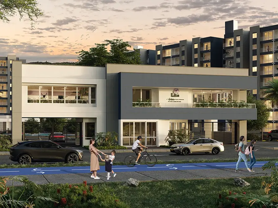 Renderizado de un edificio moderno de apartamentos con áreas verdes, parqueadero y ciclovía y detalles