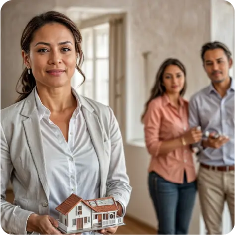 Agente inmobiliaria mostrando maqueta de casa a pareja, representando compra o venta de propiedades