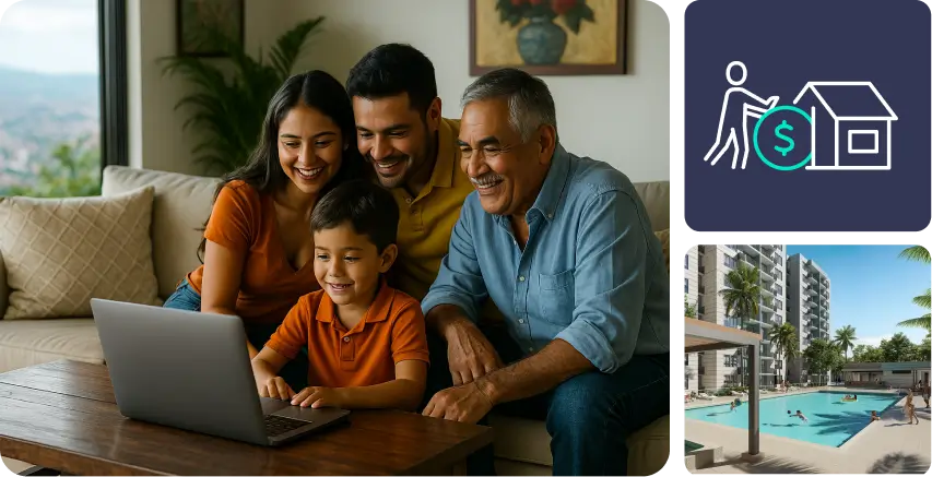 Una familia intergeneracional (niño, padres y abuelo) sonríe mientras miran juntos una laptop, con iconos de transacción inmobiliaria y un complejo de apartamentos con piscina al lado.